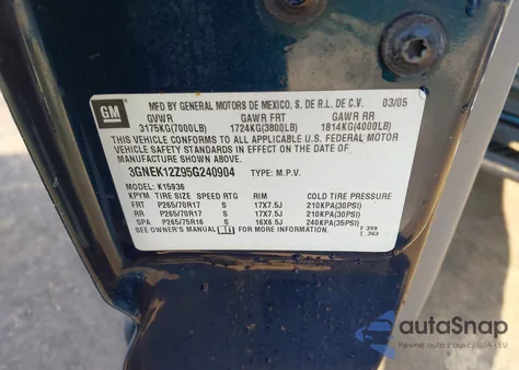 2005 Chevrolet Avalanche 1500 Z71 z USA, uszkodzony, nr VIN 3GNEK12Z95G240904